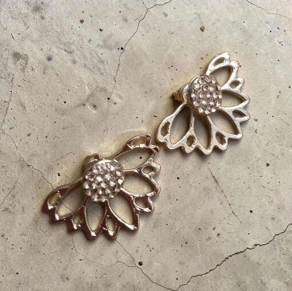 Silver Tone & Clear Rhinestone Lotus Flower Ear Jacket Earrings 1" X .5"